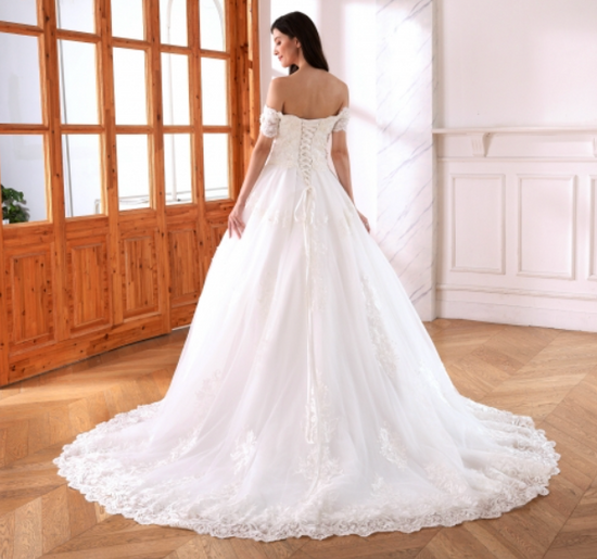 Load image into Gallery viewer, Lace Trimmed A Line Wedding Bridal Gown
