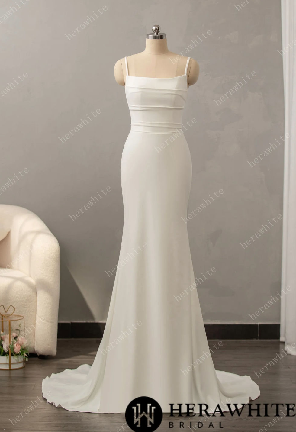 Classic Crepe Fit and Flare with Square Neckline Wedding Dress