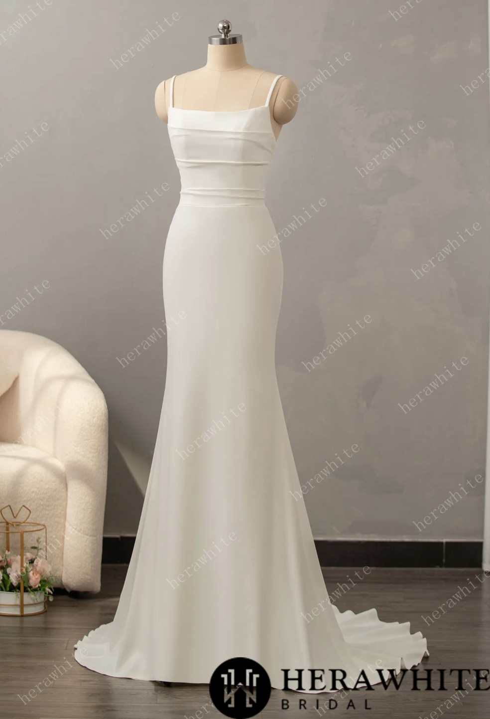 Classic Crepe Fit and Flare with Square Neckline Wedding Dress