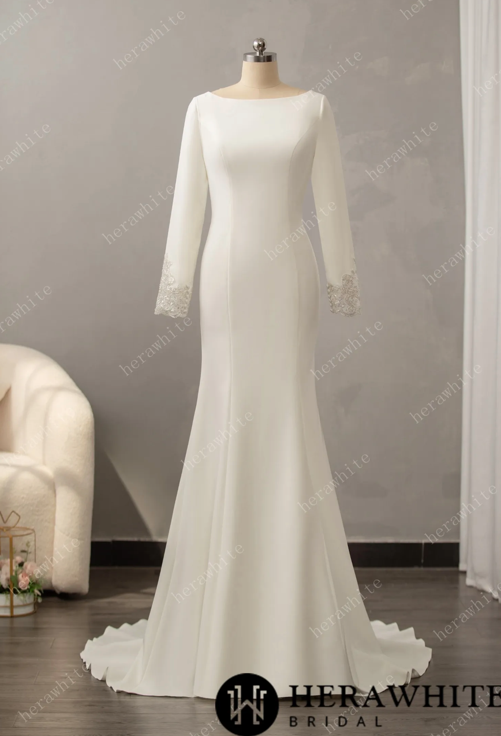 Long Sleeve Crepe Bateau Wedding Dress with Beaded Back