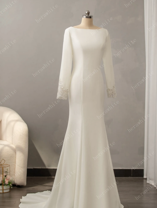 Long Sleeve Crepe Bateau Wedding Dress with Beaded Back