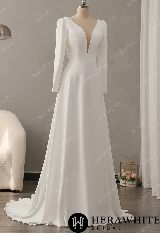 Crepe Plunging V-Neckline Wedding Dress with Long Sleeves