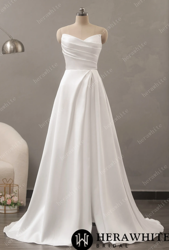 
                      
                        Strapless Mikado Silk A-Line Wedding Dress with Pleated Bodice
                      
                    