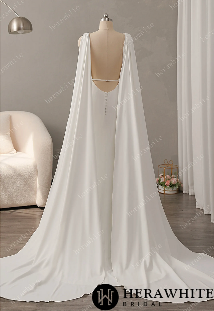 
                      
                        Deep V-Neckline Crepe Wedding Dress with Detachable Cape
                      
                    