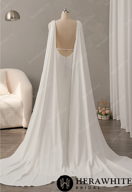 Deep V-Neckline Crepe Wedding Dress with Detachable Cape