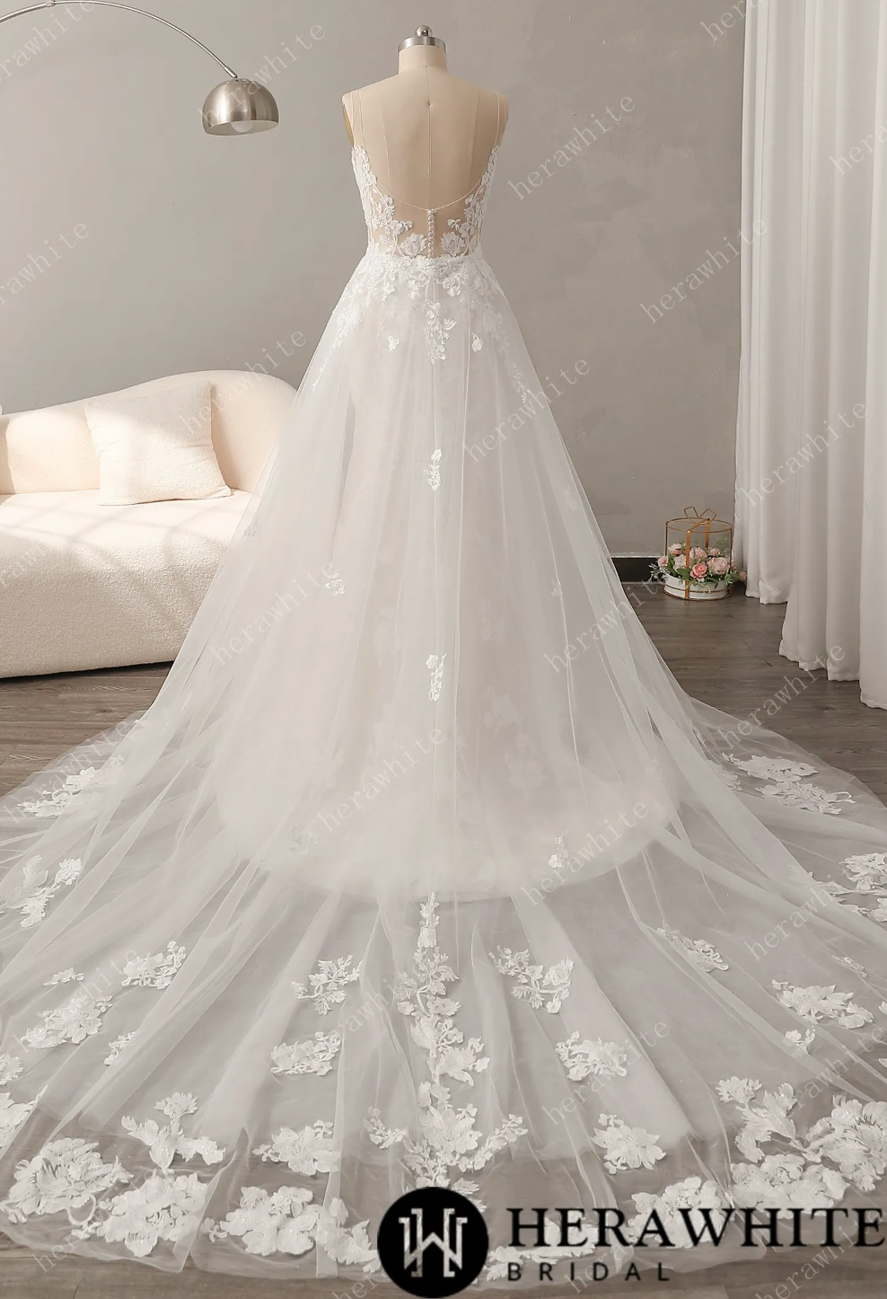 Glitter Tulle A-Line Wedding Dress with Detachable Train