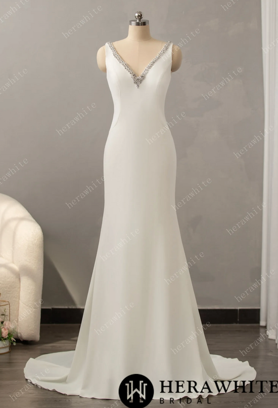 Long v neck crepe gown with open outlet back