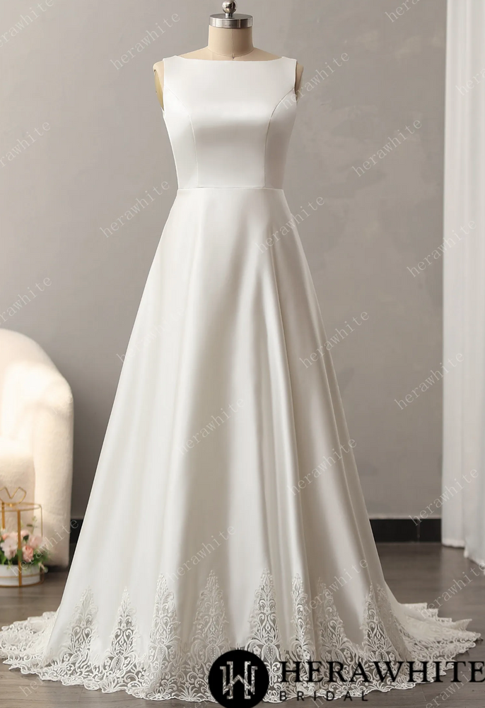 
                      
                        Bateau Neckline A-line Wedding Gown with Cutout Train
                      
                    