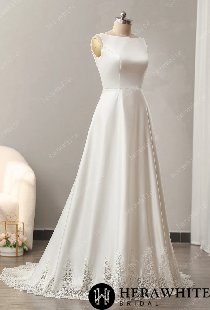 
                      
                        Bateau Neckline A-line Wedding Gown with Cutout Train
                      
                    