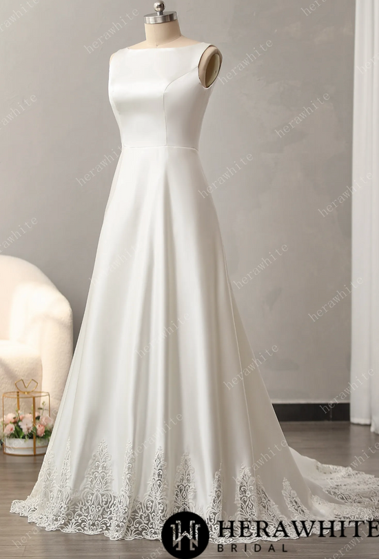 Load image into Gallery viewer, Bateau Neckline A-line Wedding Gown with Cutout Train
