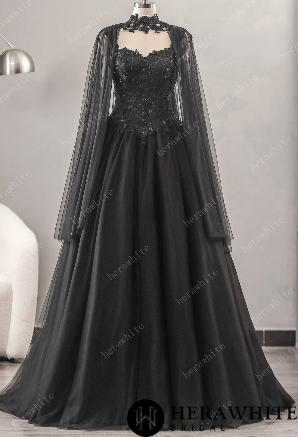 Relaxed A-Line Black Wedding Dress With Detachable Cape