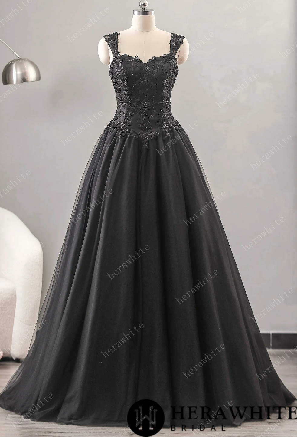 Black A-Line Wedding Dress Strapless Black Applique Sash Tulle Satin Fabric  Wedding Gown – Dbrbridal