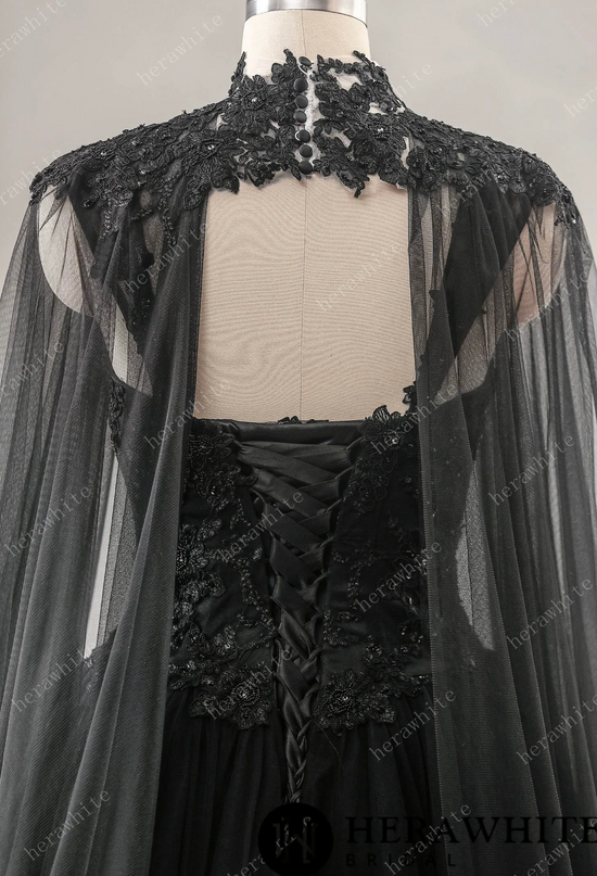 Load image into Gallery viewer, Relaxed A-Line Black Wedding Dress With Detachable Cape
