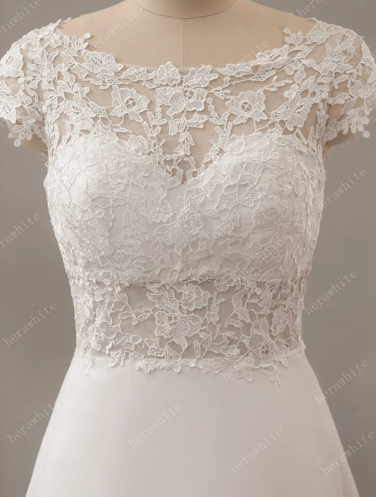 
                      
                        Chiffon Lace A-Line Wedding Dress with Cap Sleeve
                      
                    