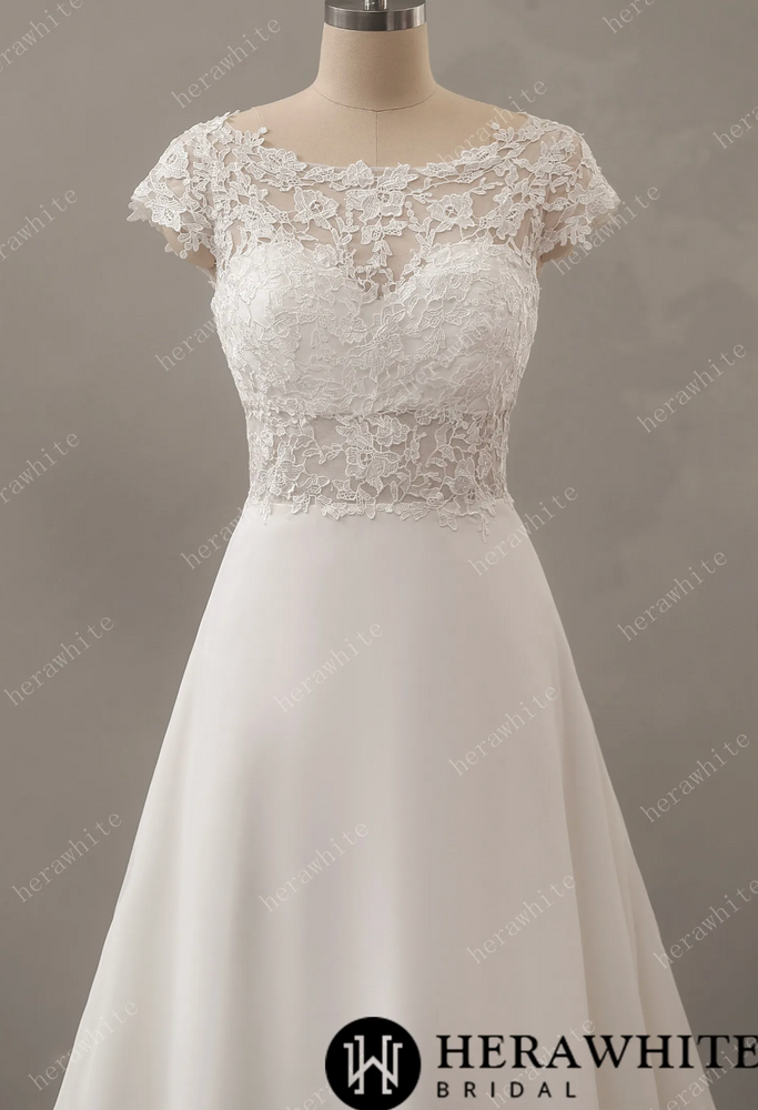 
                      
                        Chiffon Lace A-Line Wedding Dress with Cap Sleeve
                      
                    