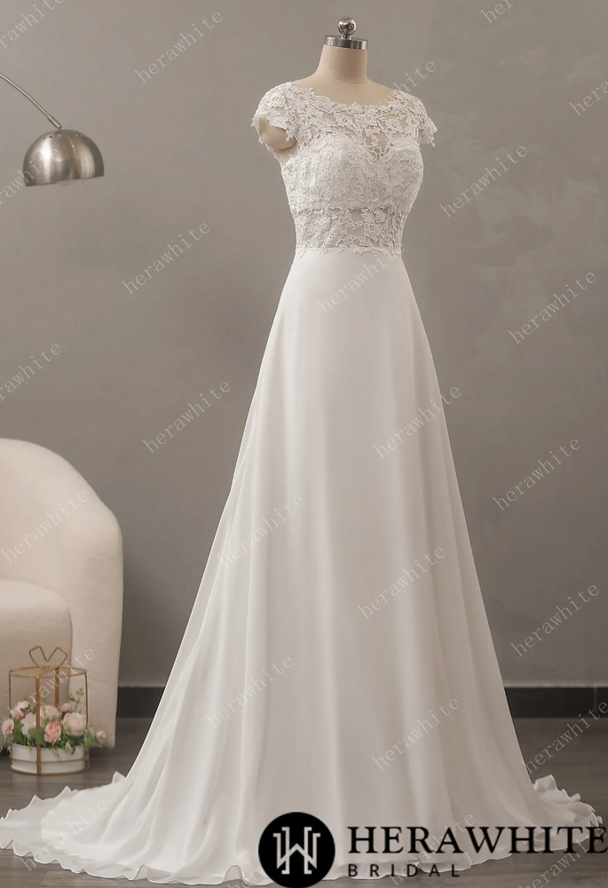 
                      
                        Chiffon Lace A-Line Wedding Dress with Cap Sleeve
                      
                    
