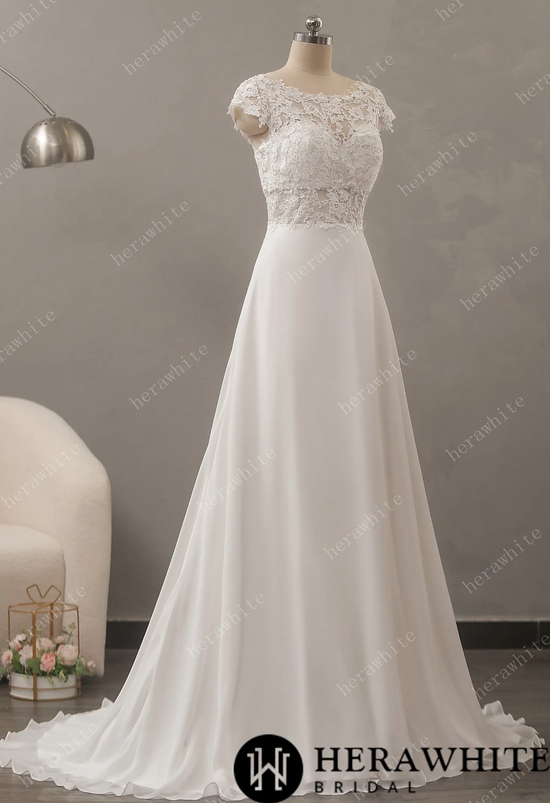 Chiffon Lace A-Line Wedding Dress with Cap Sleeve