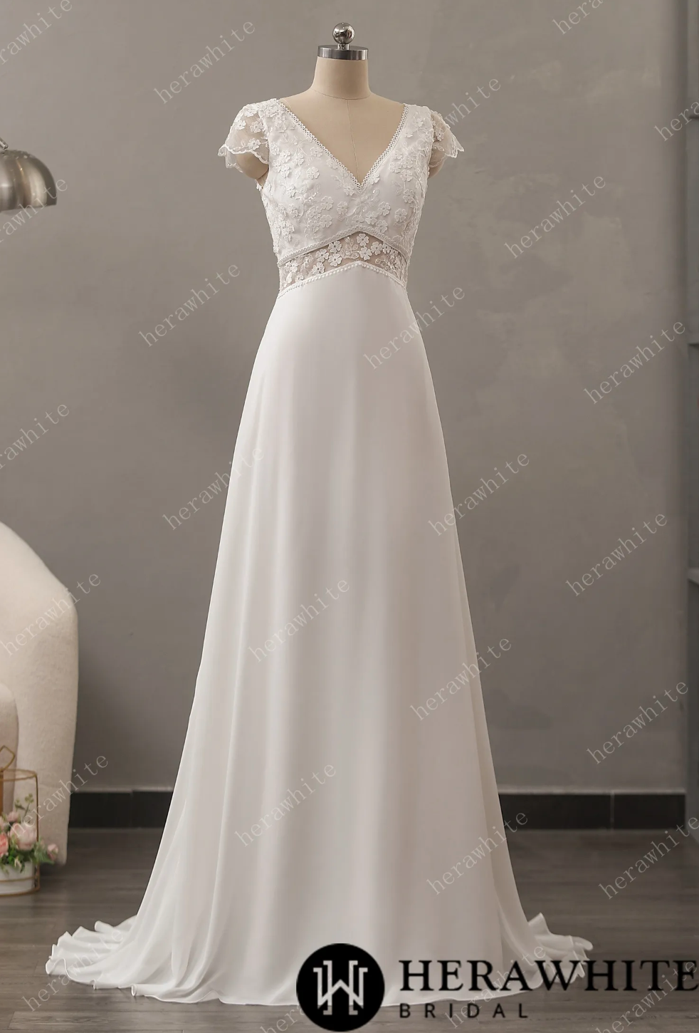 Illusion Floral Lace Wedding Dress with Chiffon Skirt