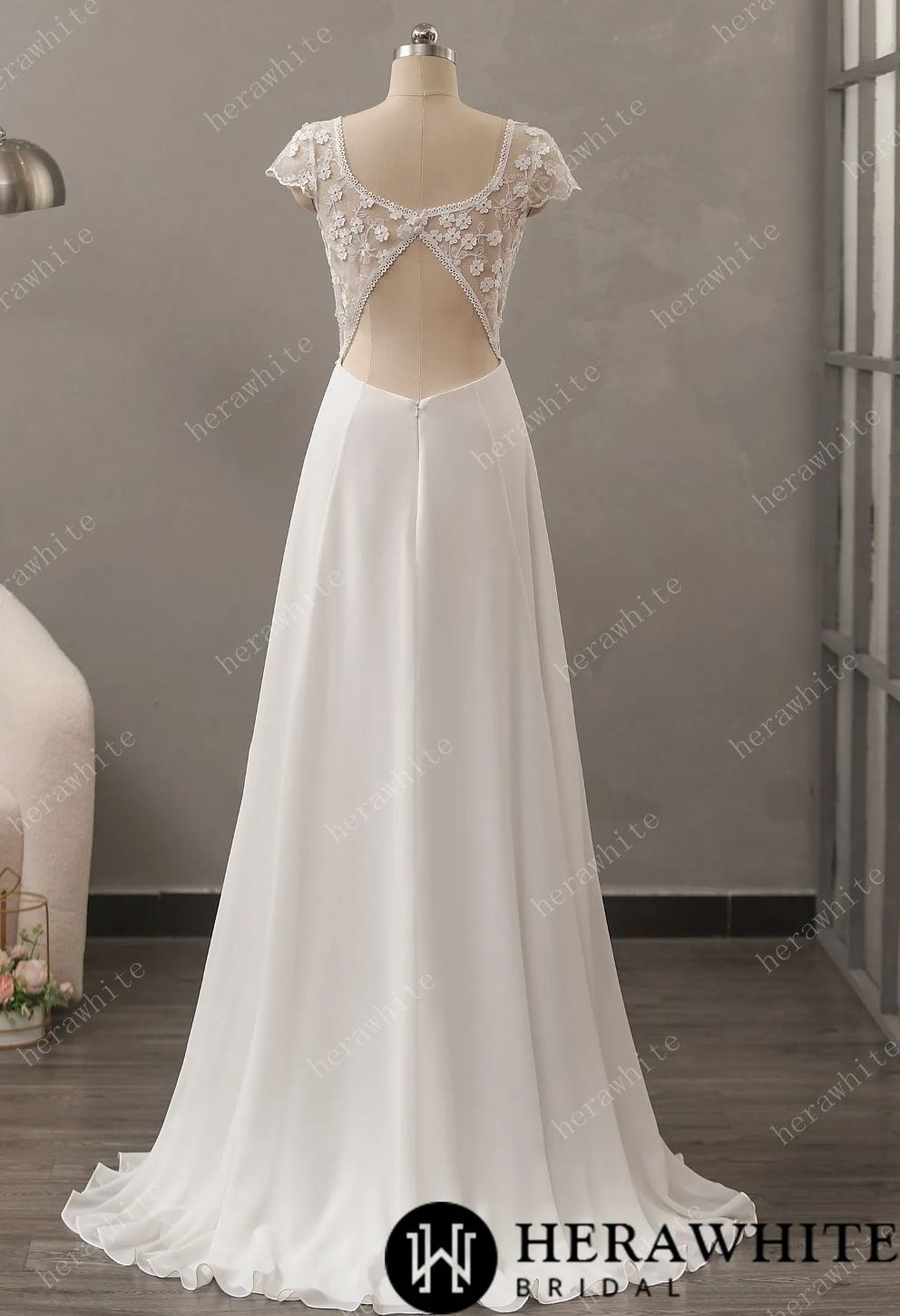 Illusion Floral Lace Wedding Dress with Chiffon Skirt