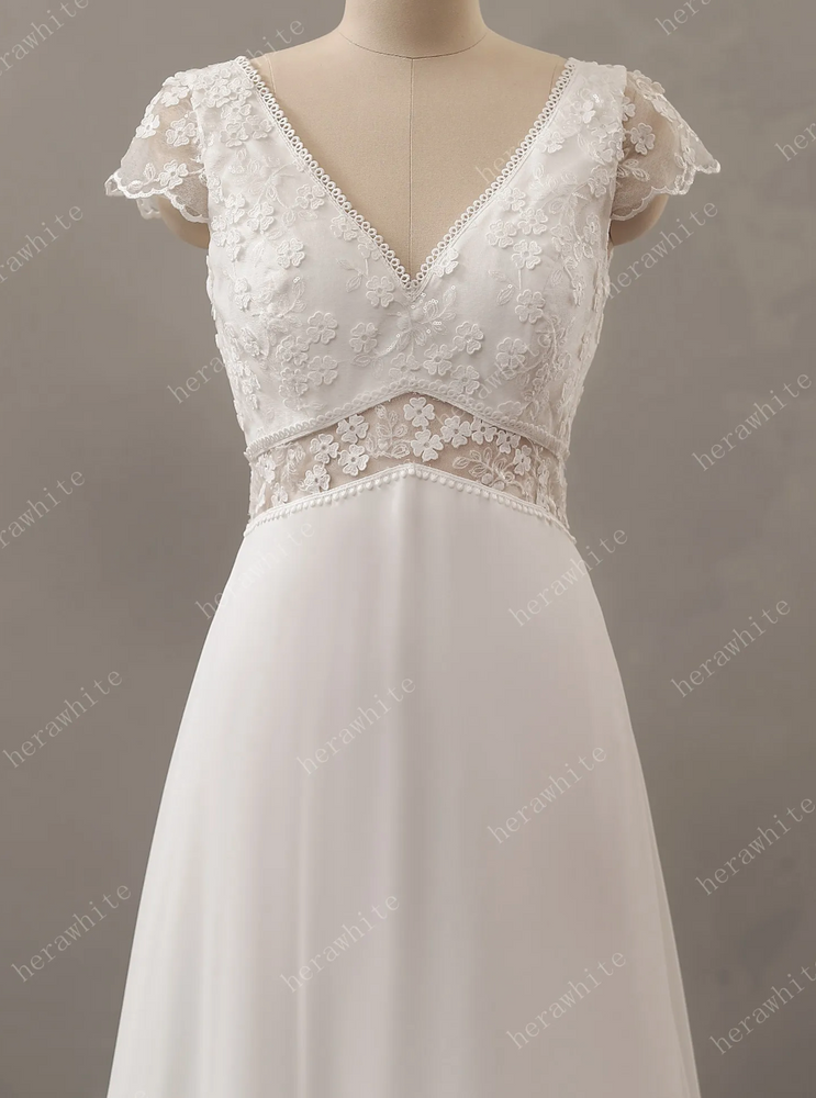 
                      
                        Illusion Floral Lace Wedding Dress with Chiffon Skirt
                      
                    