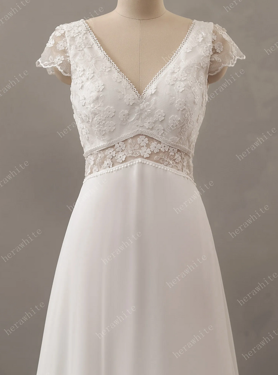 Illusion Floral Lace Wedding Dress with Chiffon Skirt