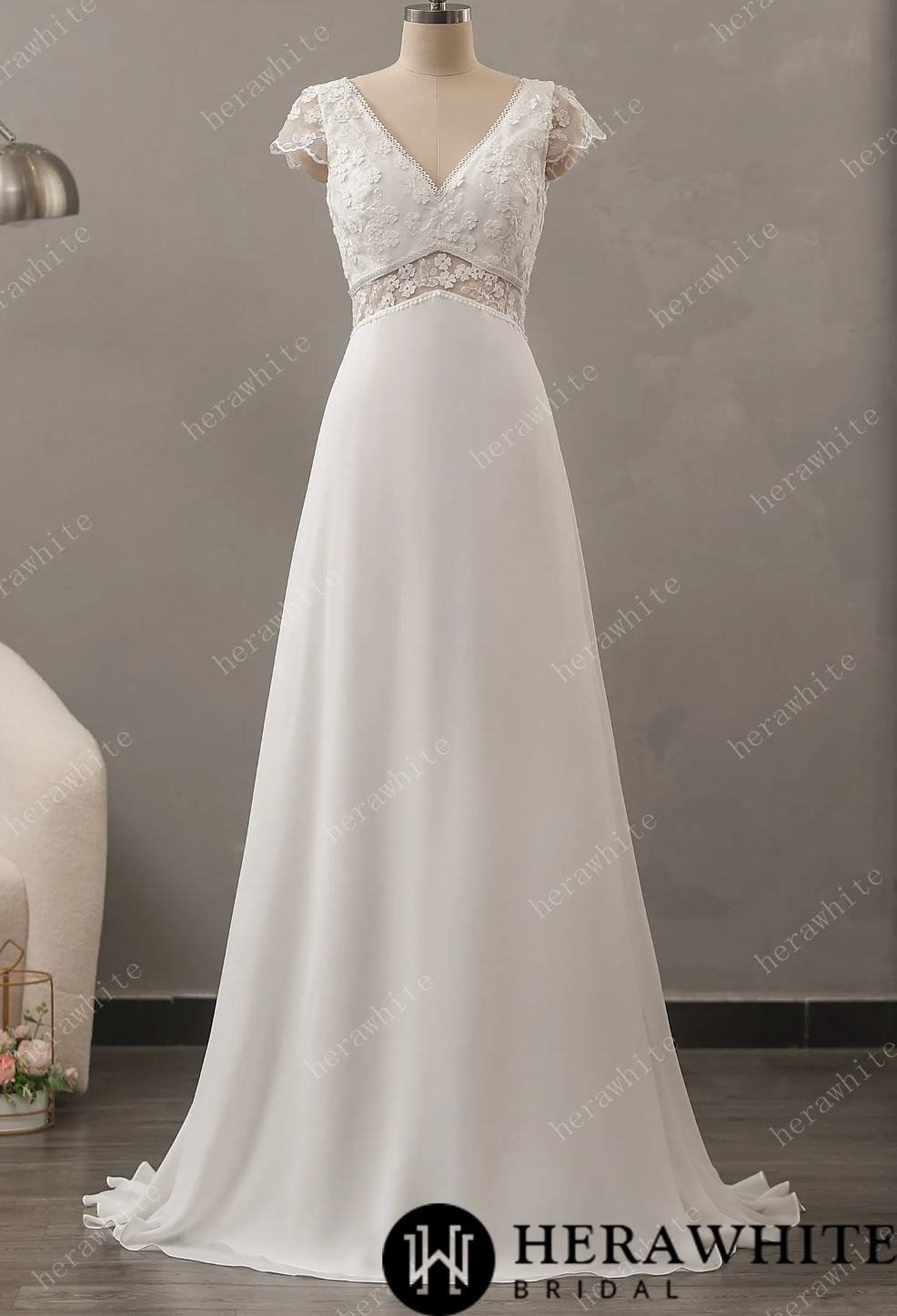 Illusion Floral Lace Wedding Dress with Chiffon Skirt