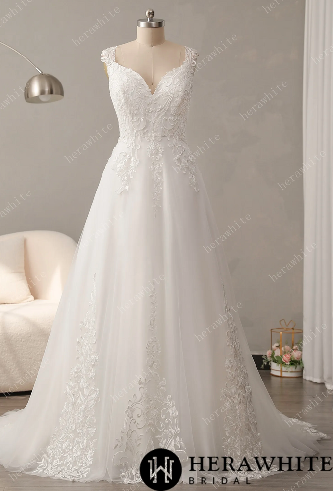 
                      
                        Timeless Lace Wedding Dress with V-Neckline
                      
                    