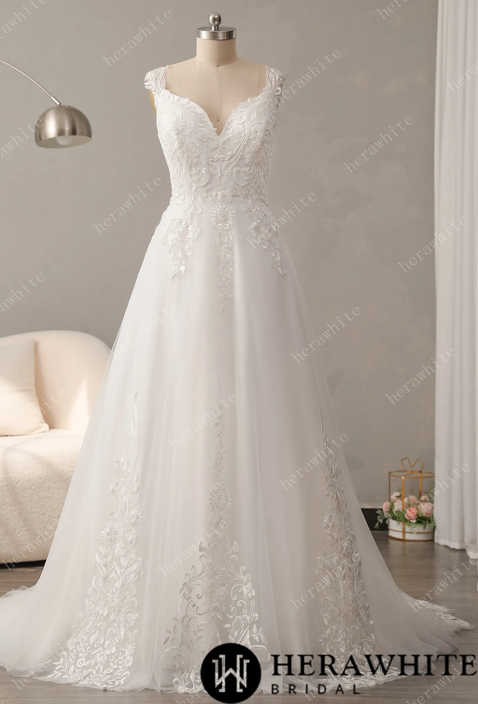 Timeless Lace Wedding Dress with V-Neckline