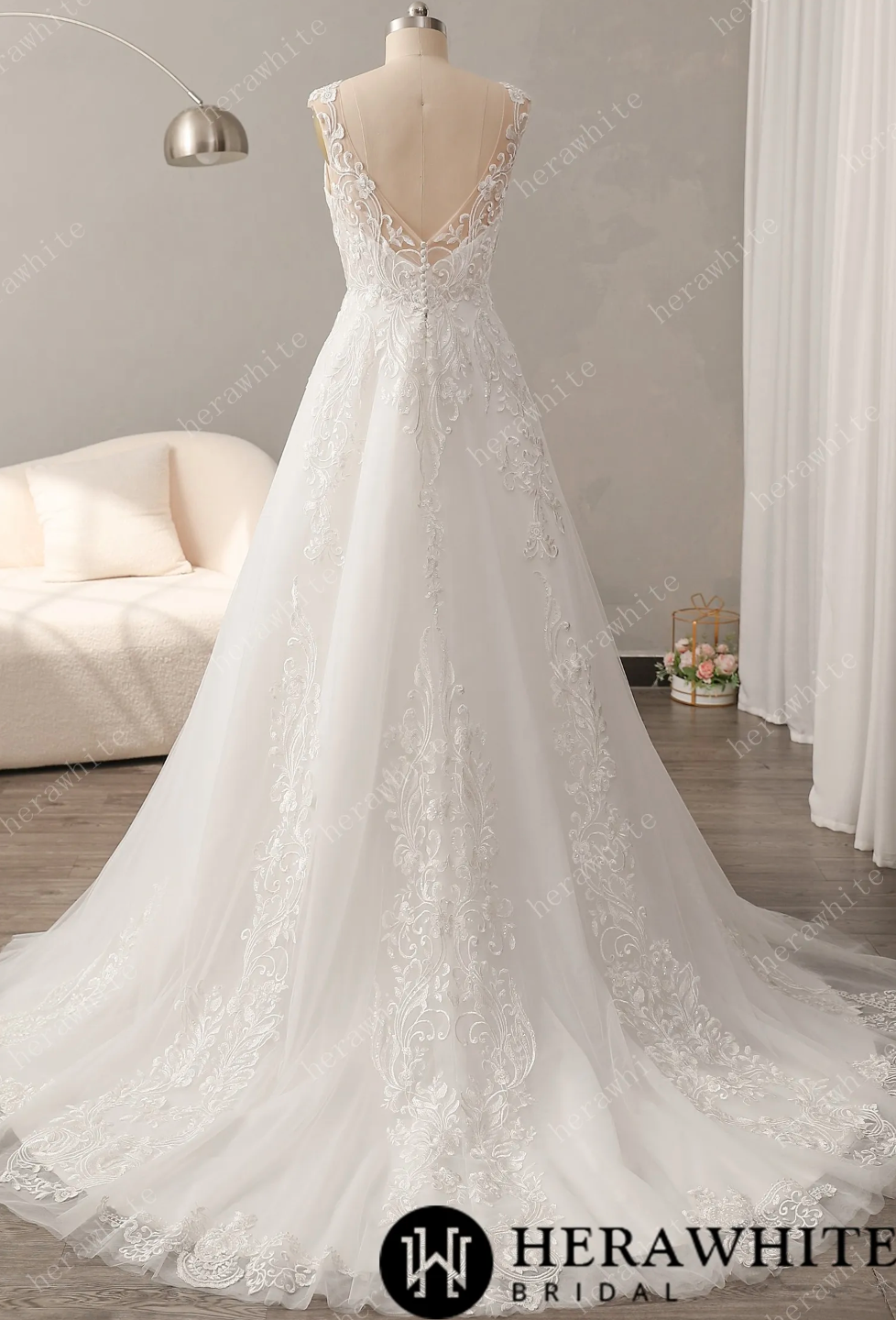 Timeless Lace Wedding Dress with V-Neckline