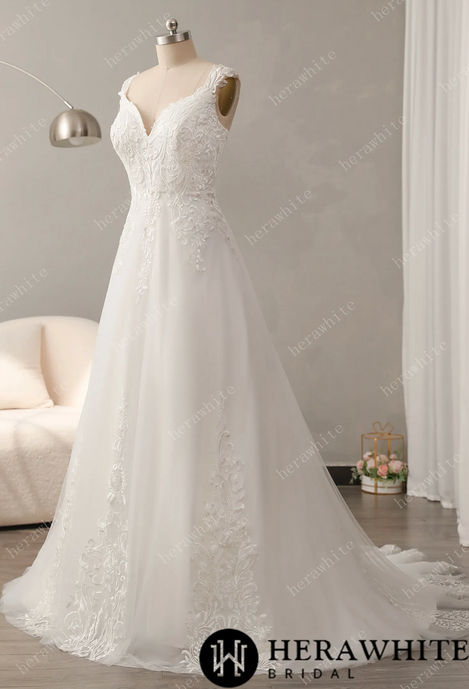 
                      
                        Timeless Lace Wedding Dress with V-Neckline
                      
                    