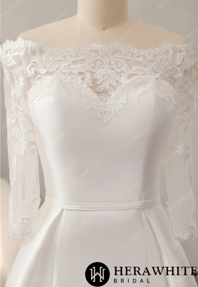 
                      
                        Off The Shoulder Neckline Wedding Dress with Lace Back
                      
                    
