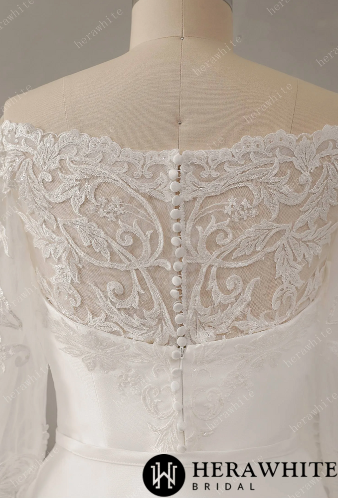 
                      
                        Off The Shoulder Neckline Wedding Dress with Lace Back
                      
                    