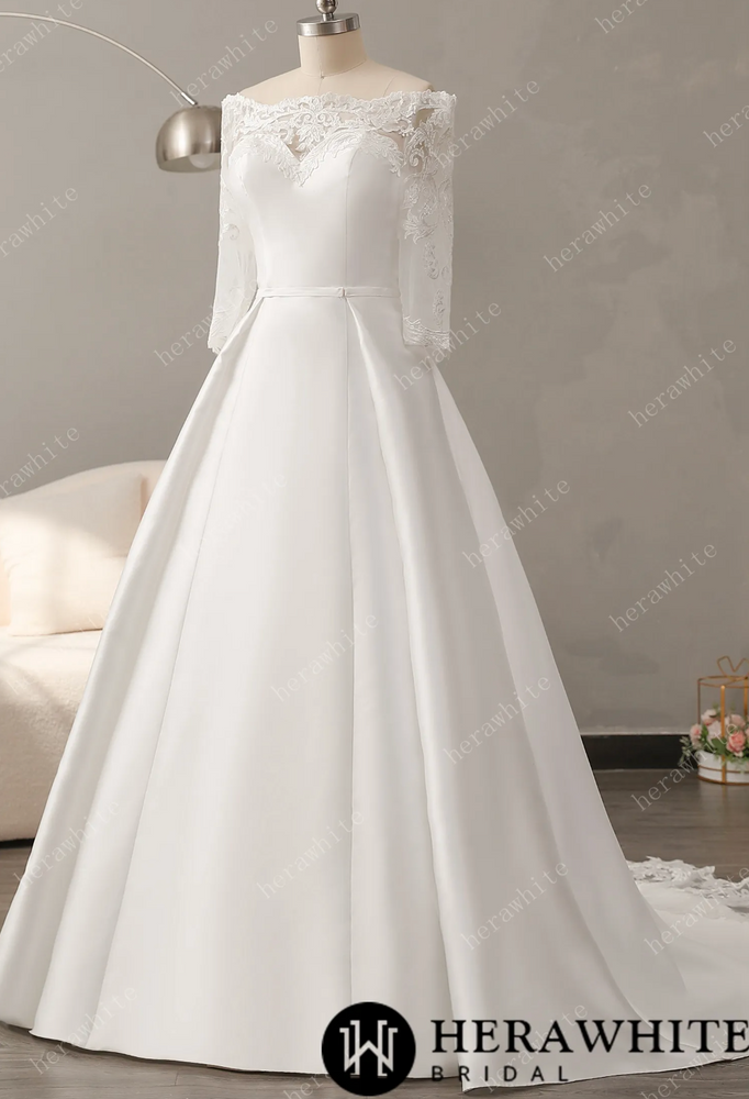 
                      
                        Off The Shoulder Neckline Wedding Dress with Lace Back
                      
                    