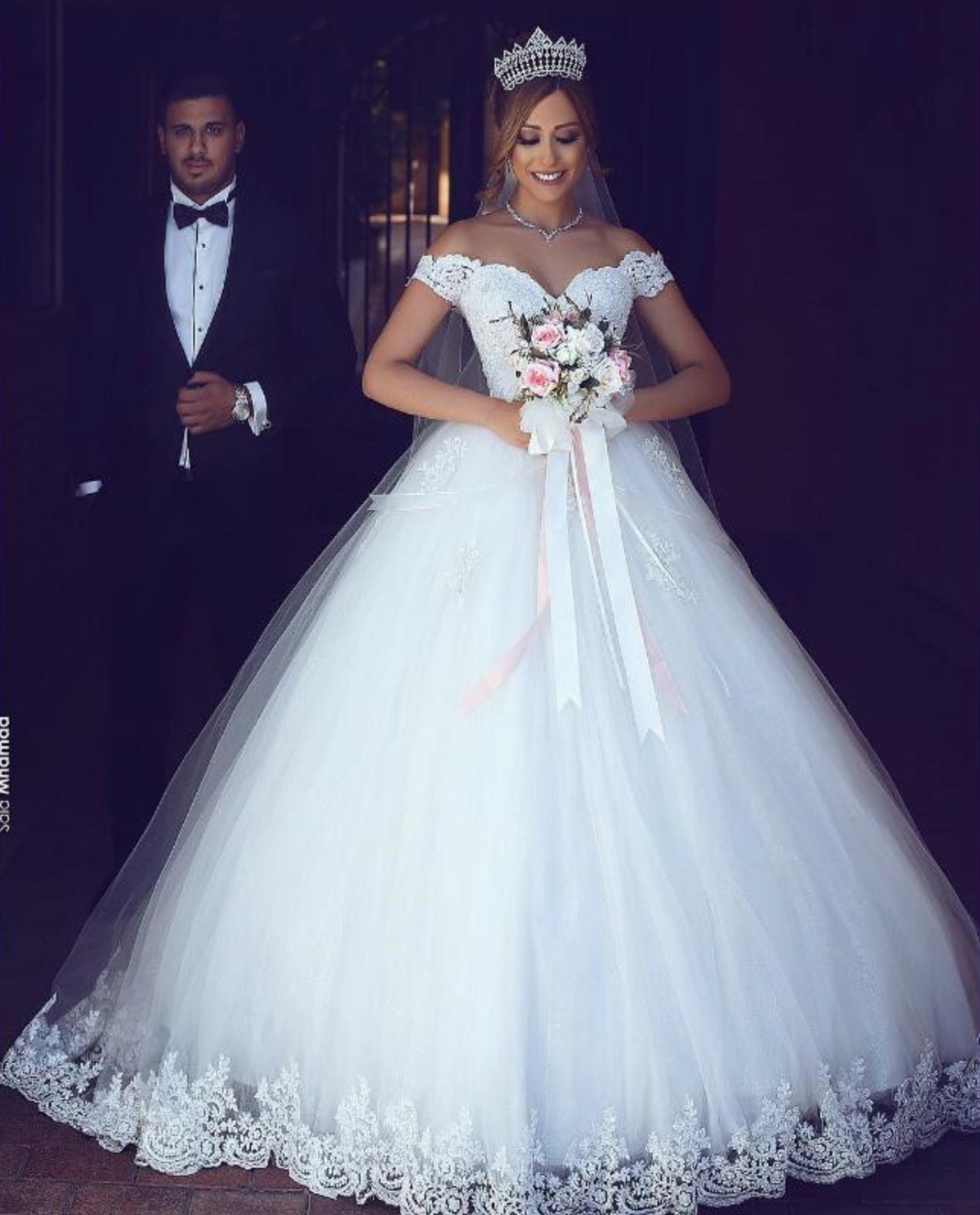 White Lace Appliques Ball Gown Wedding Dress With Off The Shoulder Sleeves - TulleLux Bridal Crowns &  Accessories 