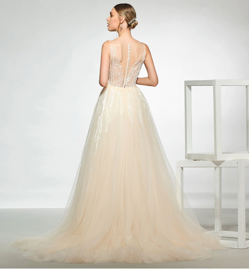 Elegant V Neck  Mermaid Trumpet Wedding Dress with Detachable Train - TulleLux Bridal Crowns &  Accessories 