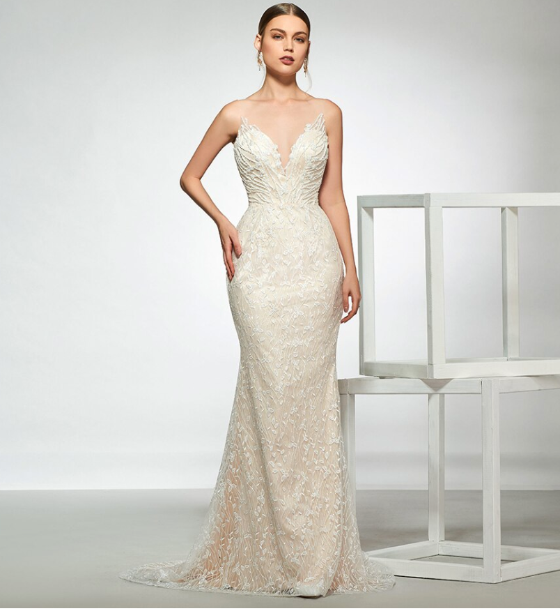 Elegant V Neck  Mermaid Trumpet Wedding Dress with Detachable Train - TulleLux Bridal Crowns &  Accessories 