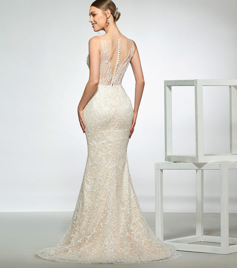 Elegant V Neck  Mermaid Trumpet Wedding Dress with Detachable Train - TulleLux Bridal Crowns &  Accessories 