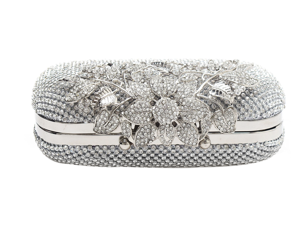 Unique Clasp Silver Diamante Crystal Diamond Evening bag Clutch