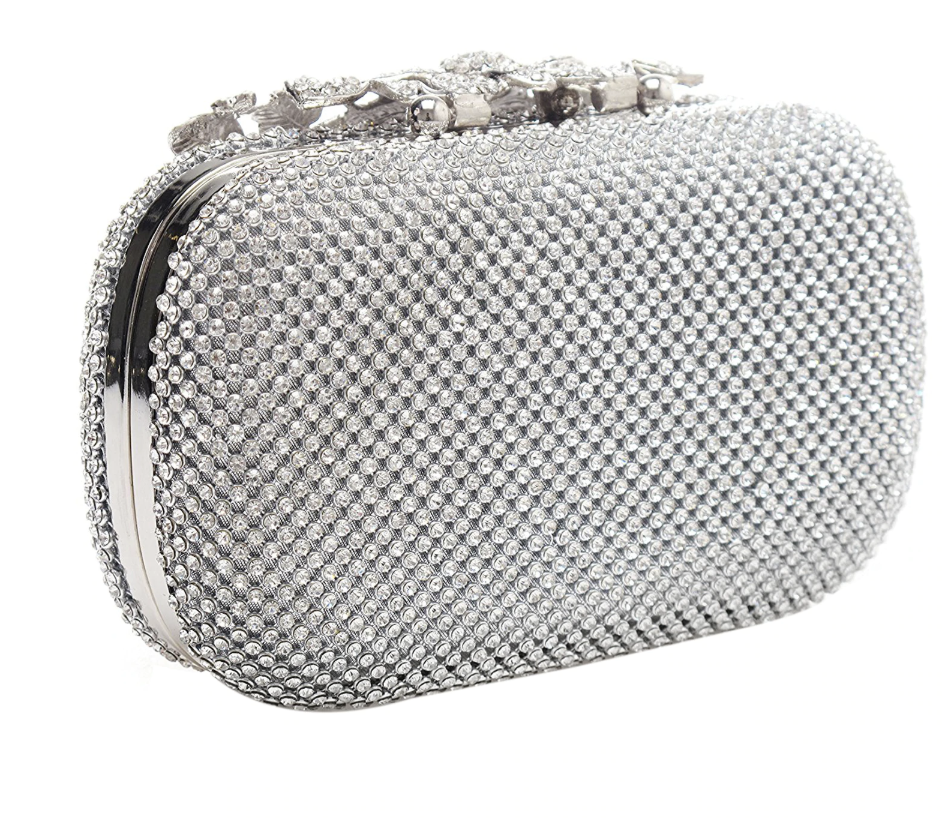 Unique Clasp Silver Diamante Crystal Diamond Evening bag Clutch Purse - TulleLux Bridal Crowns &  Accessories 