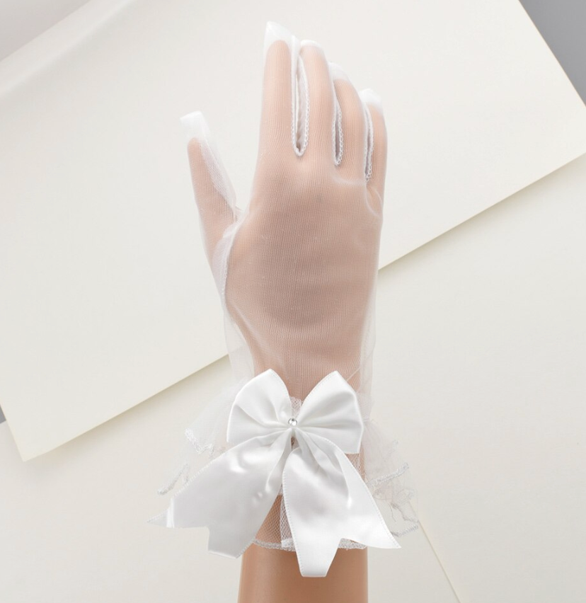 Load image into Gallery viewer, Short Lace Bow Tie Bridal Wedding Gloves - TulleLux Bridal Crowns &amp;amp;  Accessories 
