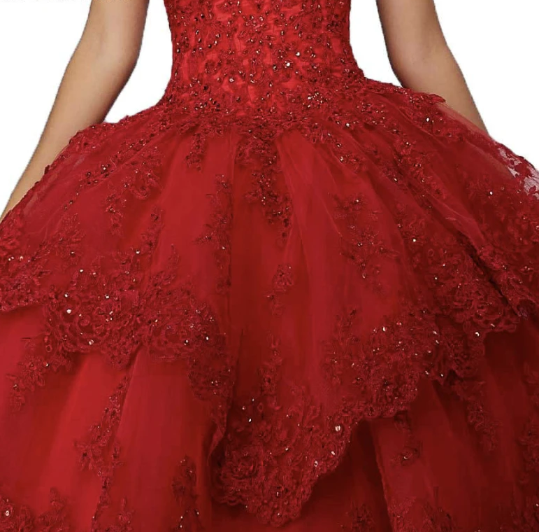 Red Quinceanera Sweet 16 Dresses in 9 Colors Detachable Sleeves Tiered Skirt Beading Lace Edge - TulleLux Bridal Crowns &  Accessories 