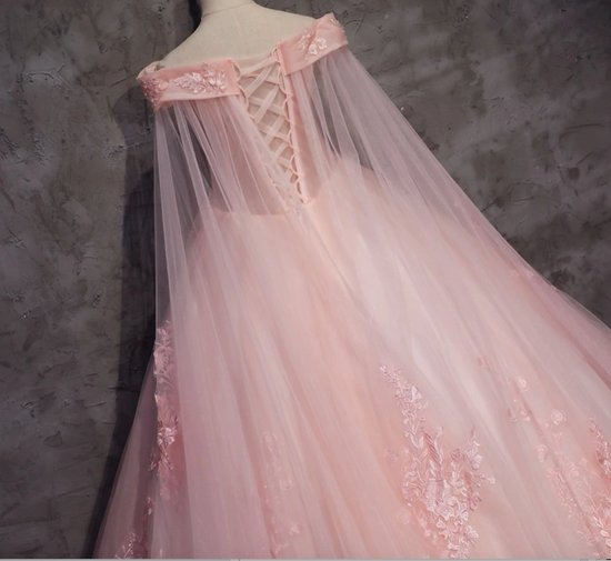 Quinceanera Dress Appliques Beading Floor-Length Pink Tulle Formal Dress - TulleLux Bridal Crowns &  Accessories 