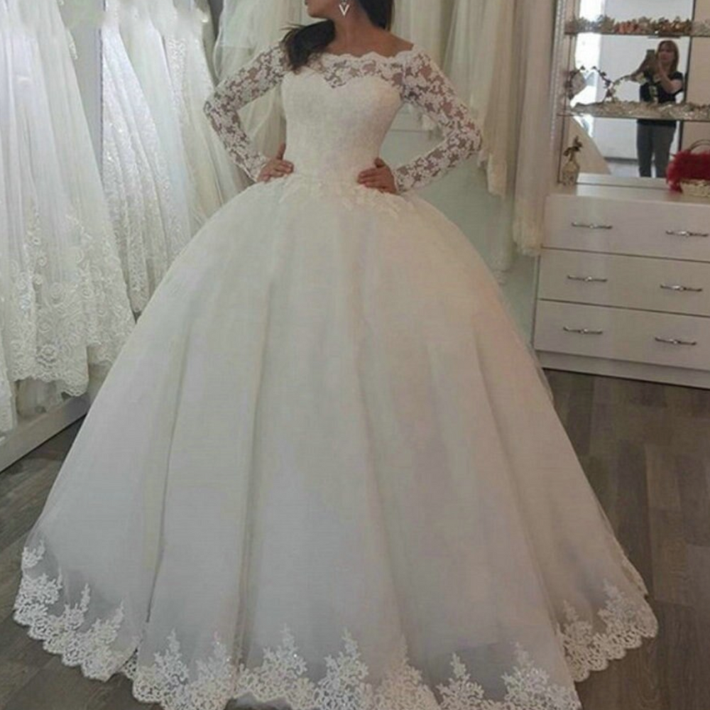 Gorgeous Princess Lace Applique Long Sleeve Wedding Dress, Plus Sizes Available - TulleLux Bridal Crowns &  Accessories 