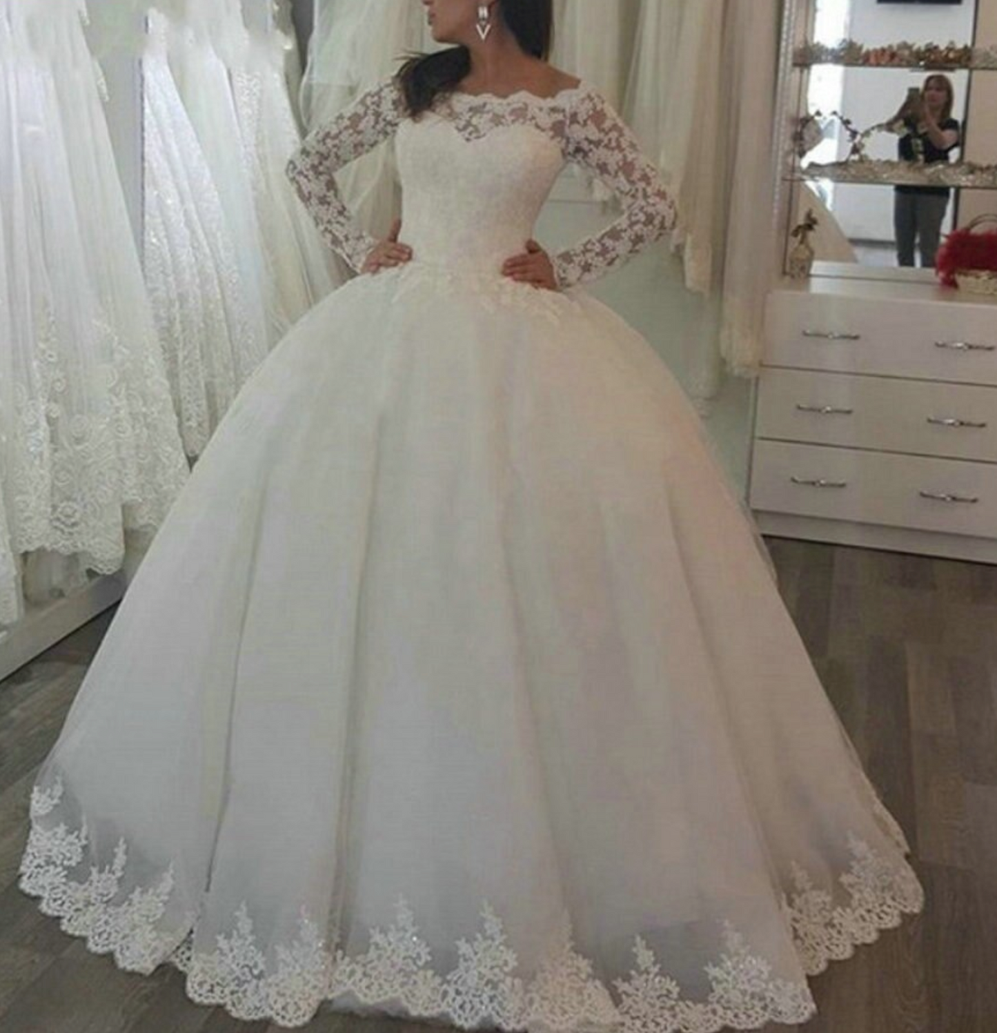 Gorgeous Princess Lace Applique Long Sleeve Wedding Dress, Plus Sizes Available - TulleLux Bridal Crowns &  Accessories 