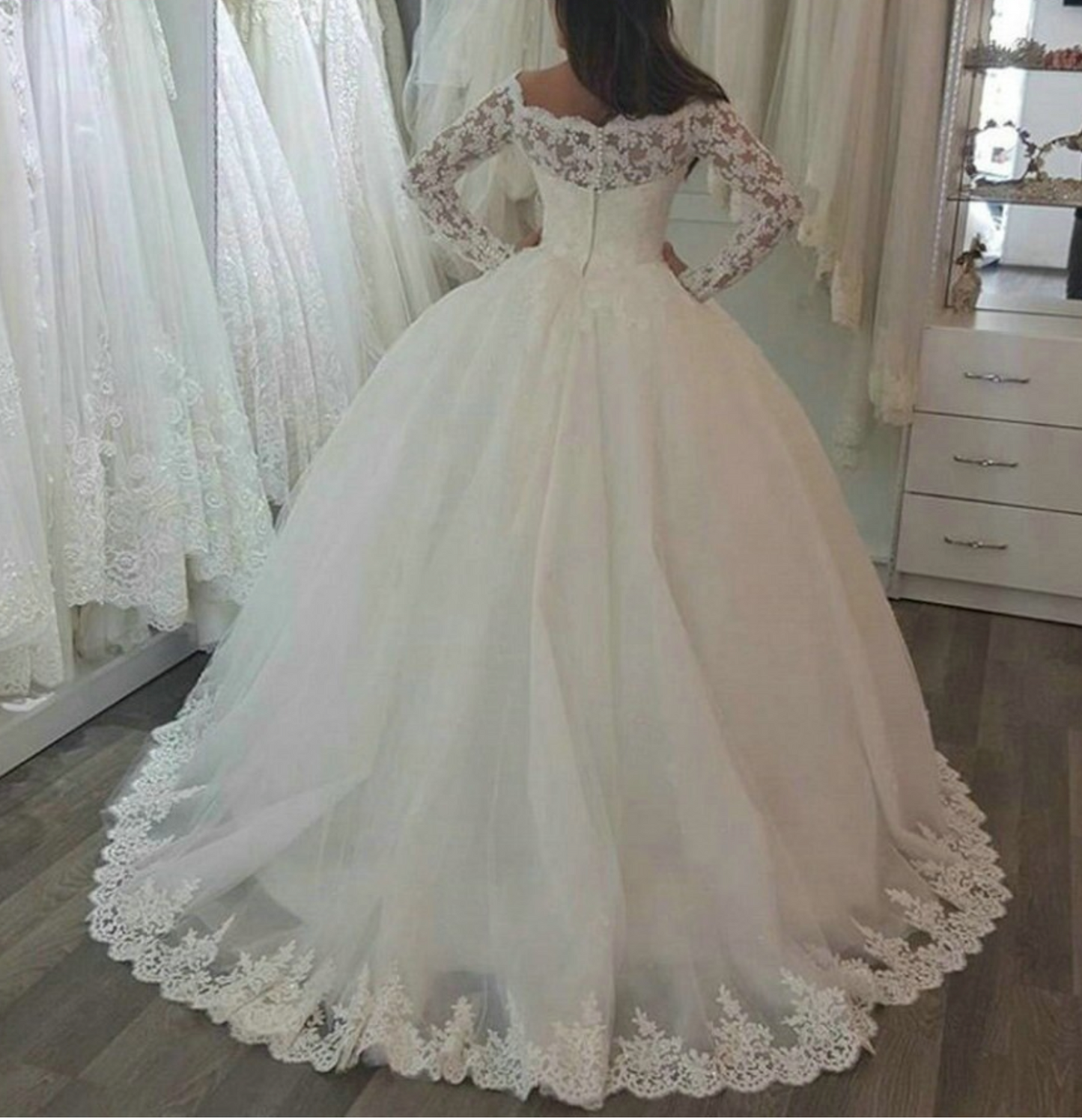 Gorgeous Princess Lace Applique Long Sleeve Wedding Dress, Plus Sizes Available - TulleLux Bridal Crowns &  Accessories 