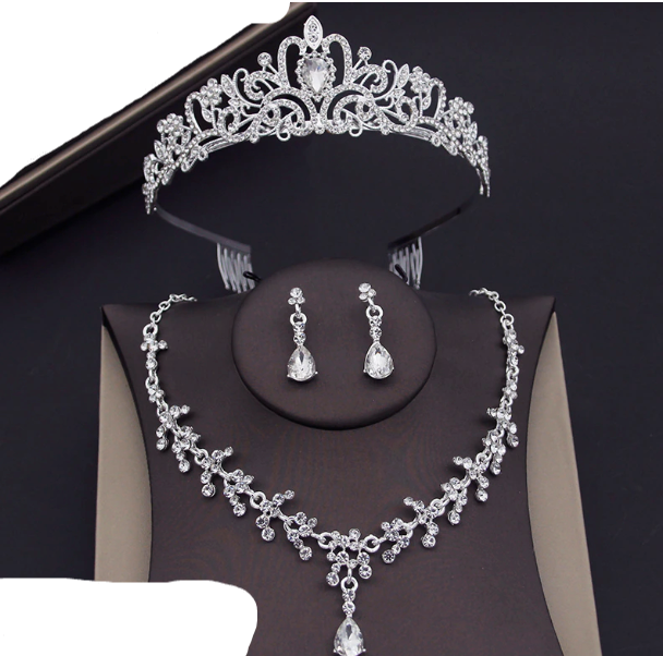 Load image into Gallery viewer, Pink Crystal Tiara Jewelry Sets for Girls Party Crown Earrings Necklace Sets
