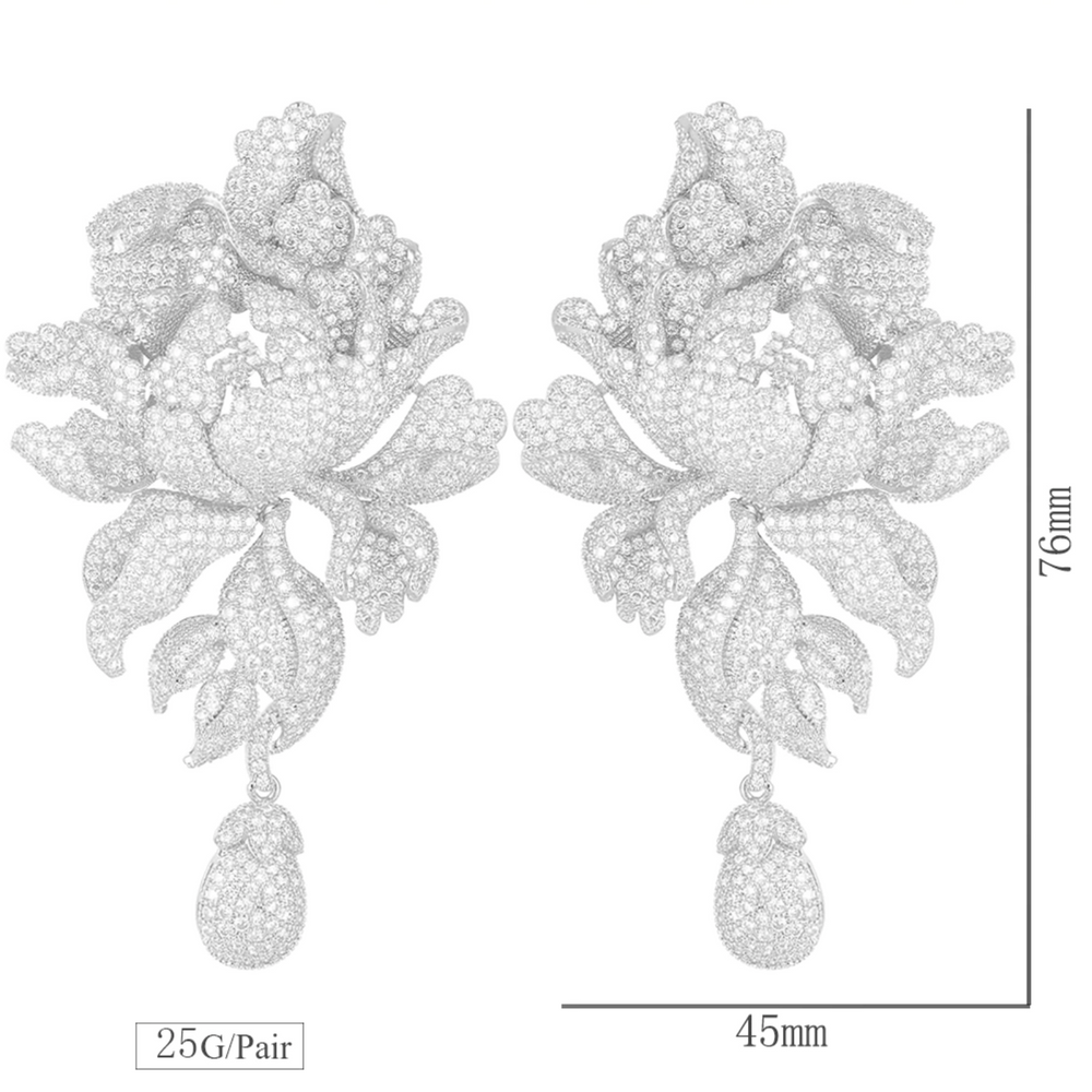 
                      
                        Luxury Peony Flower Blossom Cubic Zirconia Long Drop Wedding Bridal Earrings
                      
                    