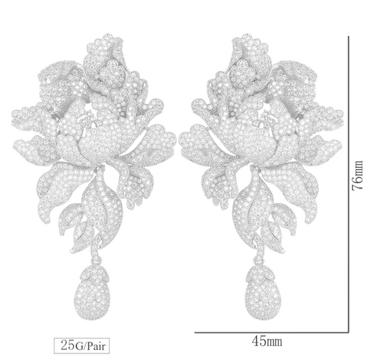 Load image into Gallery viewer, Luxury Peony Flower Blossom Cubic Zirconia Long Drop Wedding Bridal Earrings
