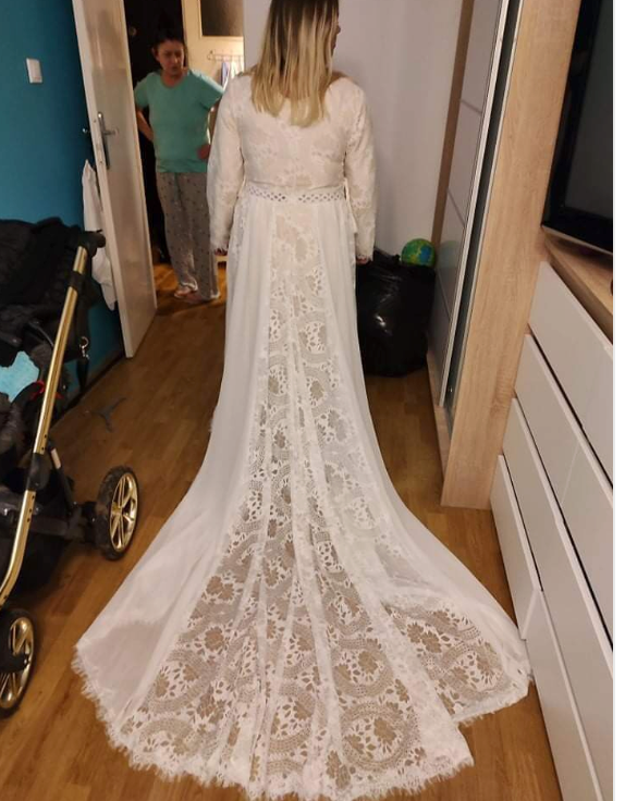Boho Beach Long Sleeve Chiffon Lace Wedding Bridal Gown