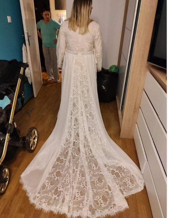 Boho Beach Long Sleeve Chiffon Lace Wedding Bridal Gown